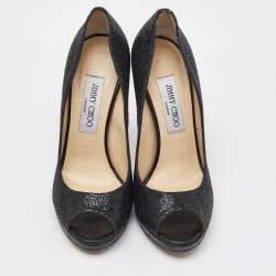 Jimmy Choo Black Glitter Fabric Luna Peep Toe Platform Pumps Size 37