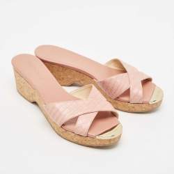Jimmy Choo Pink Croc Embossed Leather Prima Cork Wedge Sandals Size 39