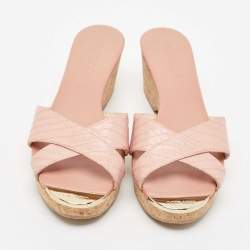 Jimmy Choo Pink Croc Embossed Leather Prima Cork Wedge Sandals Size 39