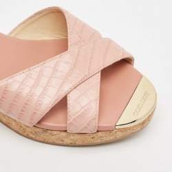 Jimmy Choo Pink Croc Embossed Leather Prima Cork Wedge Sandals Size 39