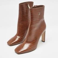 Jimmy Choo Burgundy Croc Embossed Leather Ankle Length Boots Size 40.5