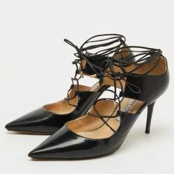 Jimmy Choo Black Patent Leather Hoops Lace Up Pumps Size 38