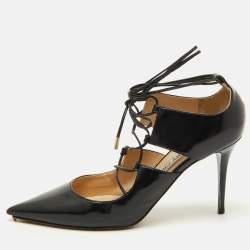 Jimmy Choo Black Patent Leather Hoops Lace Up Pumps Size 38