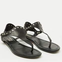 Jimmy Choo Black Leather Studded T-Strap Flat Sandals Size 37
