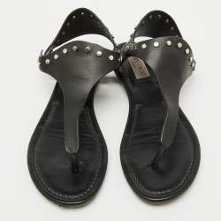 Jimmy Choo Black Leather Studded T-Strap Flat Sandals Size 37