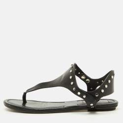 Jimmy Choo Black Leather Studded T-Strap Flat Sandals Size 37