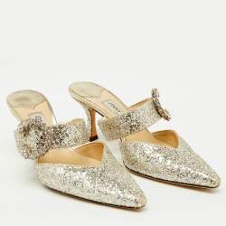 Jimmy Choo Silver Coarse Glitter Crystal Embellished Marta Mules Size 36