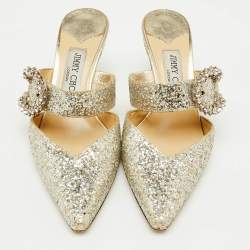 Jimmy Choo Silver Coarse Glitter Crystal Embellished Marta Mules Size 36