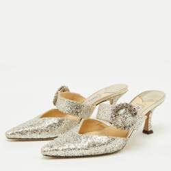 Jimmy Choo Silver Coarse Glitter Crystal Embellished Marta Mules Size 36