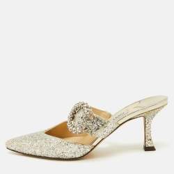Jimmy Choo Silver Coarse Glitter Crystal Embellished Marta Mules Size 36