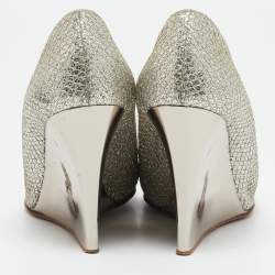 Jimmy Choo Gold Glitter Fabric Baxen Peep Toe Wedges Pumps Size 36.5