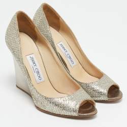 Jimmy Choo Gold Glitter Fabric Baxen Peep Toe Wedges Pumps Size 36.5