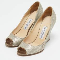 Jimmy Choo Gold Glitter Fabric Baxen Peep Toe Wedges Pumps Size 36.5
