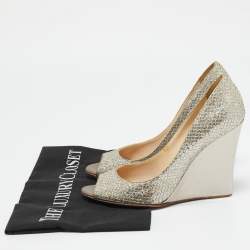Jimmy Choo Gold Glitter Fabric Baxen Peep Toe Wedges Pumps Size 36.5