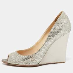 Jimmy Choo Gold Glitter Fabric Baxen Peep Toe Wedges Pumps Size 36.5