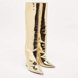 Jimmy Choo Gold Metallic Leather Wedge Knee Length Boots Size 40