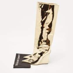 Jimmy Choo Gold Metallic Leather Wedge Knee Length Boots Size 40