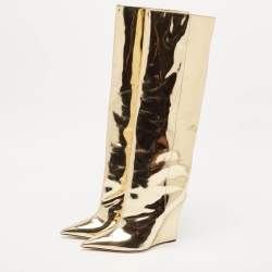 Jimmy Choo Gold Metallic Leather Wedge Knee Length Boots Size 40