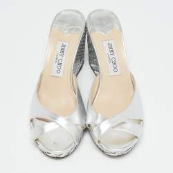 Jimmy Choo Silver Leather Prima Wedge Sandals Size 38.5