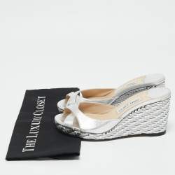 Jimmy Choo Silver Leather Prima Wedge Sandals Size 38.5