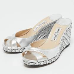 Jimmy Choo Silver Leather Prima Wedge Sandals Size 38.5