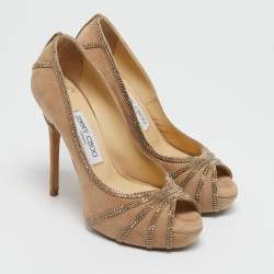 Jimmy Choo Beige Suede Crystal Embellished Kalpa Pumps Size 37