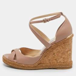 Jimmy Choo Beige Leather Alanah Cork Wedge Espadrille Sandals Size 39