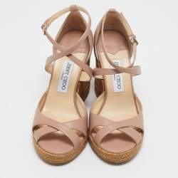 Jimmy Choo Beige Leather Alanah Cork Wedge Espadrille Sandals Size 39