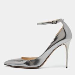 Jimmy Choo Silver Leather Lucy Ankle Strap Pointed Toe D'orsay Pumps Size 38.5