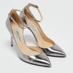 Jimmy Choo Silver Leather Lucy Ankle Strap Pointed Toe D'orsay Pumps Size 38.5