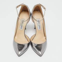 Jimmy Choo Silver Leather Lucy Ankle Strap Pointed Toe D'orsay Pumps Size 38.5