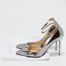 Jimmy Choo Silver Leather Lucy Ankle Strap Pointed Toe D'orsay Pumps Size 38.5