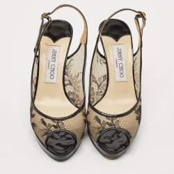 Jimmy Choo Black Lace and Patent Leather Nova Slingback Pumps Size 37