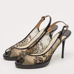 Jimmy Choo Black Lace and Patent Leather Nova Slingback Pumps Size 37