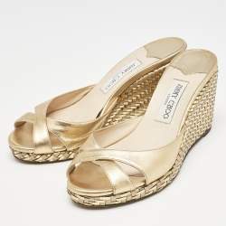 Pre Owned Jimmy Choo Gold Leather Almer Wedge Sandals Size 39.5