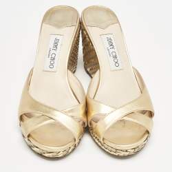 Pre Owned Jimmy Choo Gold Leather Almer Wedge Sandals Size 39.5