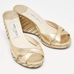 Pre Owned Jimmy Choo Gold Leather Almer Wedge Sandals Size 39.5