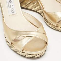 Pre Owned Jimmy Choo Gold Leather Almer Wedge Sandals Size 39.5