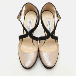 Jimmy Choo Black Suede And Gold Glitter Fabric Round Toe Ankle Strap Platform Pumps Size 38.5