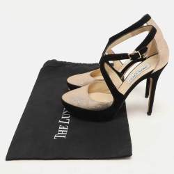 Jimmy Choo Black Suede And Gold Glitter Fabric Round Toe Ankle Strap Platform Pumps Size 38.5
