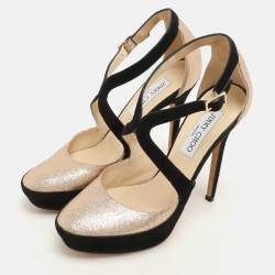 Jimmy Choo Black Suede And Gold Glitter Fabric Round Toe Ankle Strap Platform Pumps Size 38.5