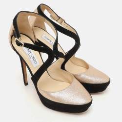 Jimmy Choo Black Suede And Gold Glitter Fabric Round Toe Ankle Strap Platform Pumps Size 38.5