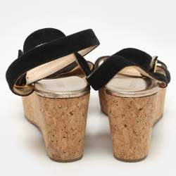 Jimmy Choo Black Suede Cork Wedge Ankle Strap Sandals Size 40