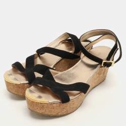 Jimmy Choo Black Suede Cork Wedge Ankle Strap Sandals Size 40