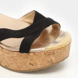 Jimmy Choo Black Suede Cork Wedge Ankle Strap Sandals Size 40