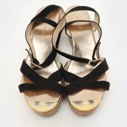Jimmy Choo Black Suede Cork Wedge Ankle Strap Sandals Size 40