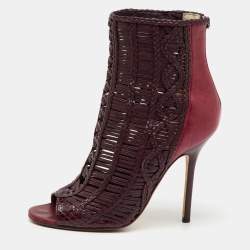 Jimmy Choo Burgundy Braided Leather Java Peep Toe Ankle Boots Size 37.5