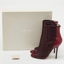 Jimmy Choo Burgundy Braided Leather Java Peep Toe Ankle Boots Size 37.5