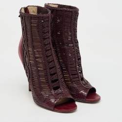 Jimmy Choo Burgundy Braided Leather Java Peep Toe Ankle Boots Size 37.5