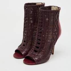 Jimmy Choo Burgundy Braided Leather Java Peep Toe Ankle Boots Size 37.5